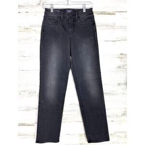 NYDJ Women’s 00 Emma Relaxed Straight Leg Jeans Black Faded Stretch Denim Zip